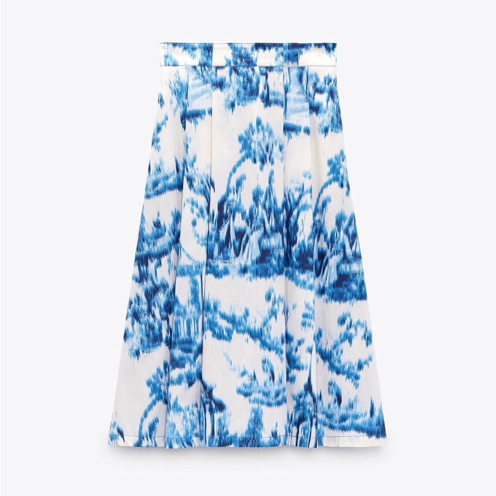 Zara Blue Midi A-Line Ikat Pleated Skirt